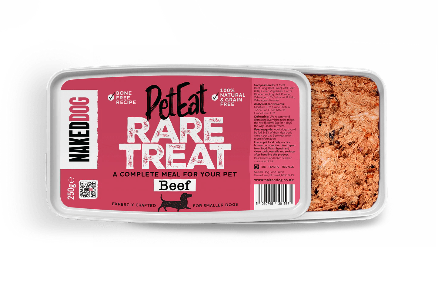 PetEat Rare Treat Beef Bone-Free Raw Dog Food (250g) | Naked Dog - Wild Paws and Claws