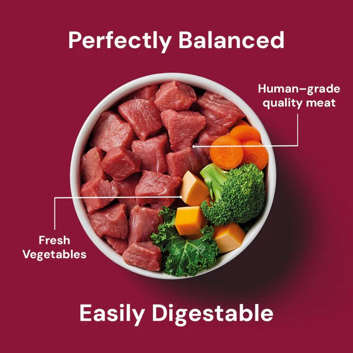 Nutriment's grain-free, boneless beef raw recipe features human-grade meat & offal plus nutrient-rich superfoods.