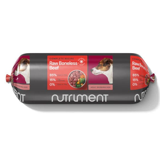 Nutriment's grain-free, boneless beef raw recipe features human-grade meat & offal plus nutrient-rich superfoods.