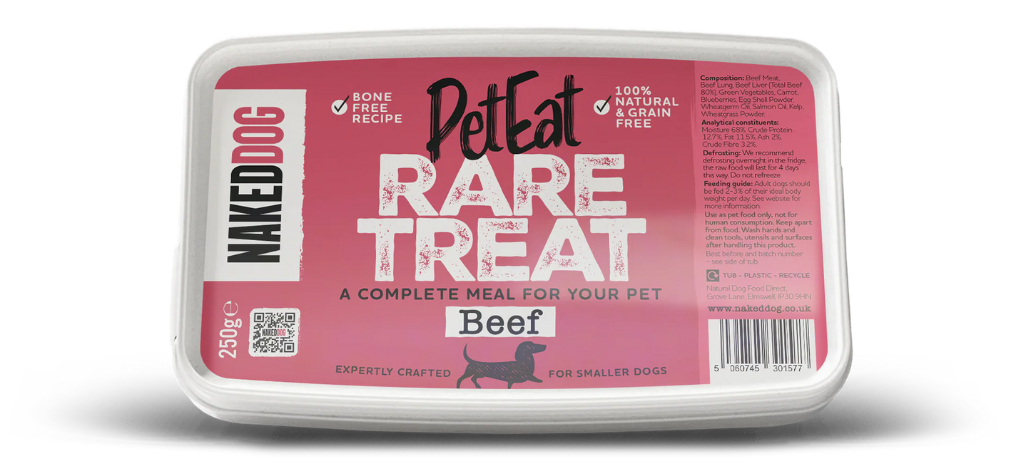 PetEat Rare Treat Beef Bone-Free Raw Dog Food (250g) | Naked Dog