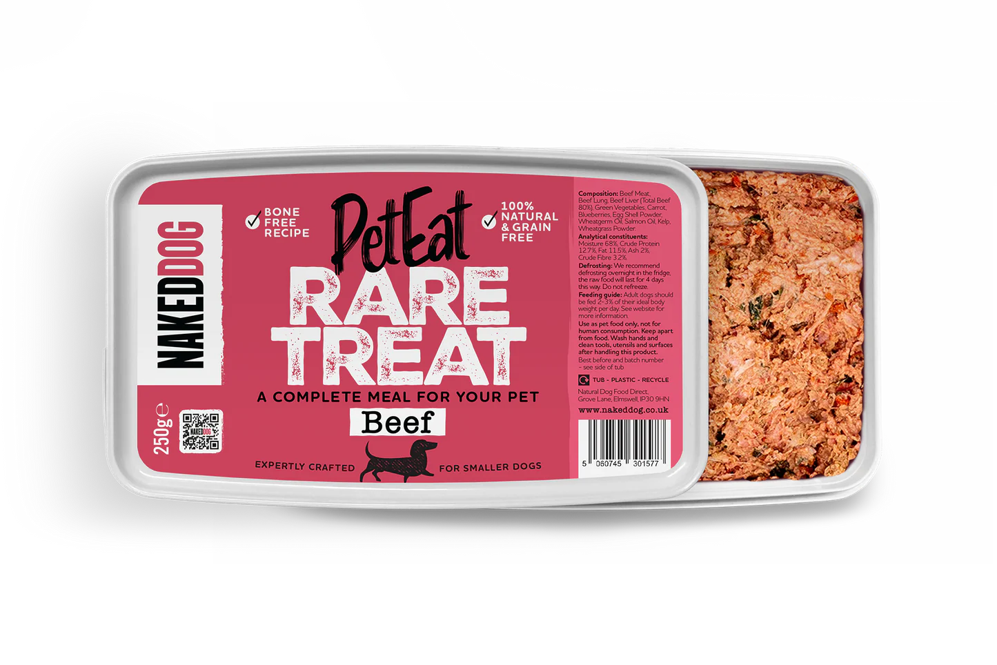 PetEat Rare Treat Beef Bone-Free Raw Dog Food (250g) | Naked Dog