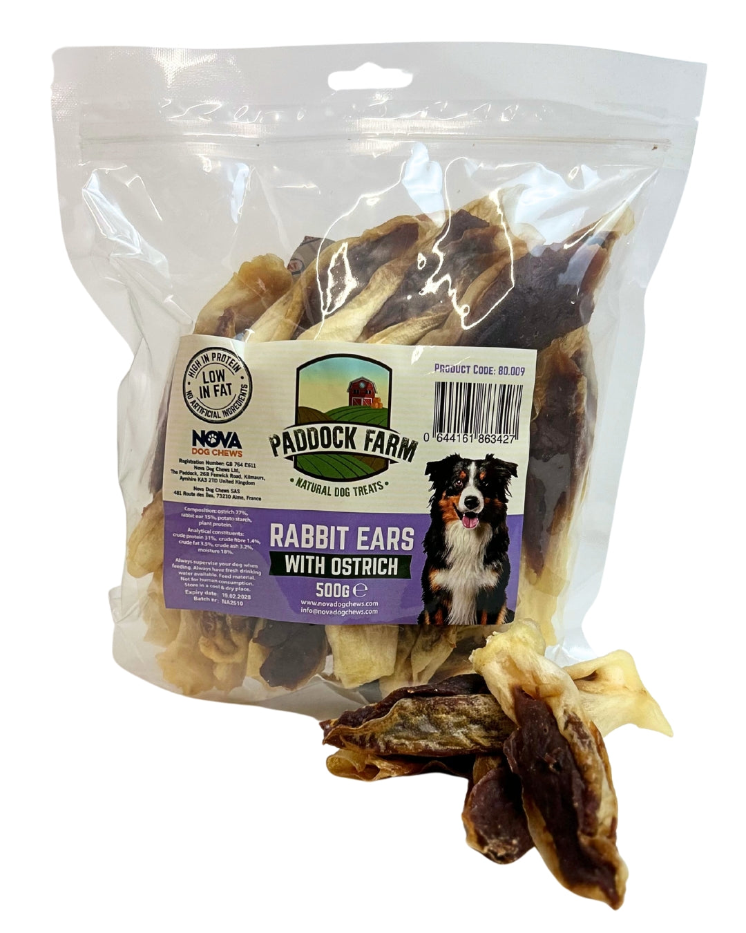 Rabbit Ears with Ostrich Dog Treats 500g | Hypoallergenic Chews