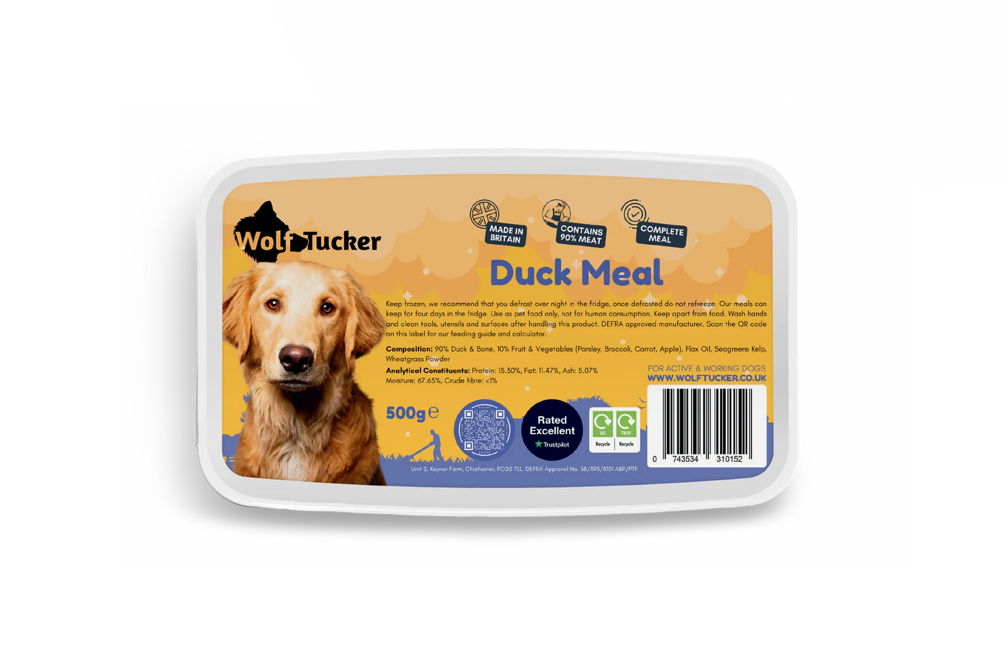 Wolf Tucker Duck Meal 500g | Complete Raw Dog Food